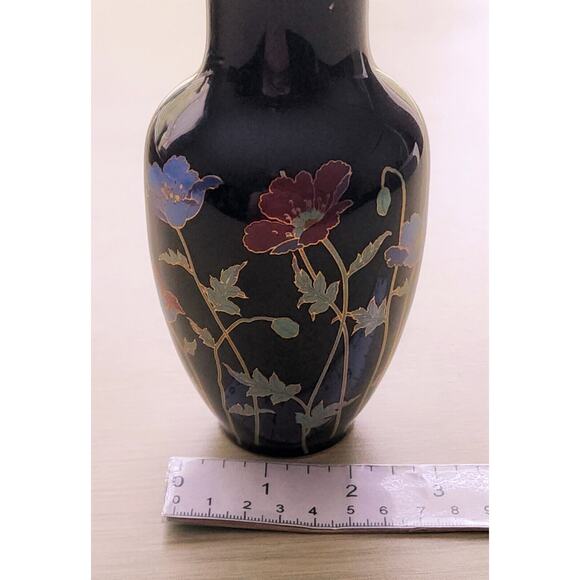 VASE-Japan-Small-Black Ceramic-Flowers-Gold Trimmed-6" Tall-Bud Vase - Picture 14 of 14